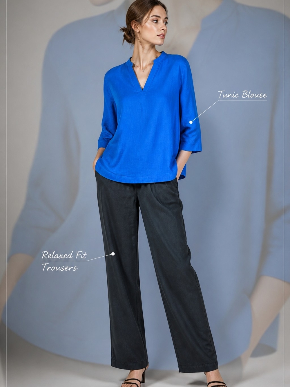 Eileen Fisher Cobalt Blue V-Neck Silk Tunic PM And Relaxed Fit Trousers PS